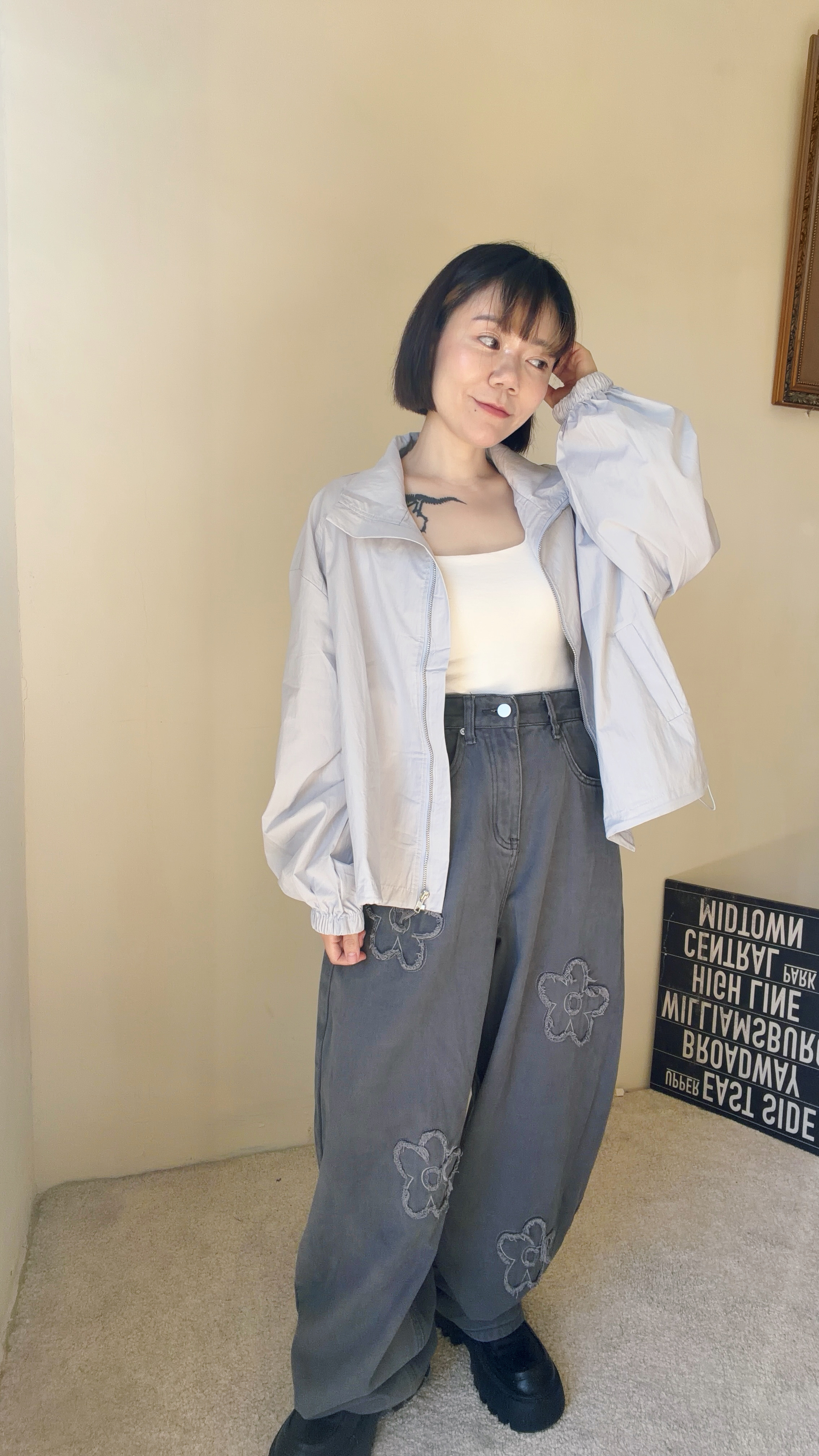 超Q小花牛仔彎刀褲