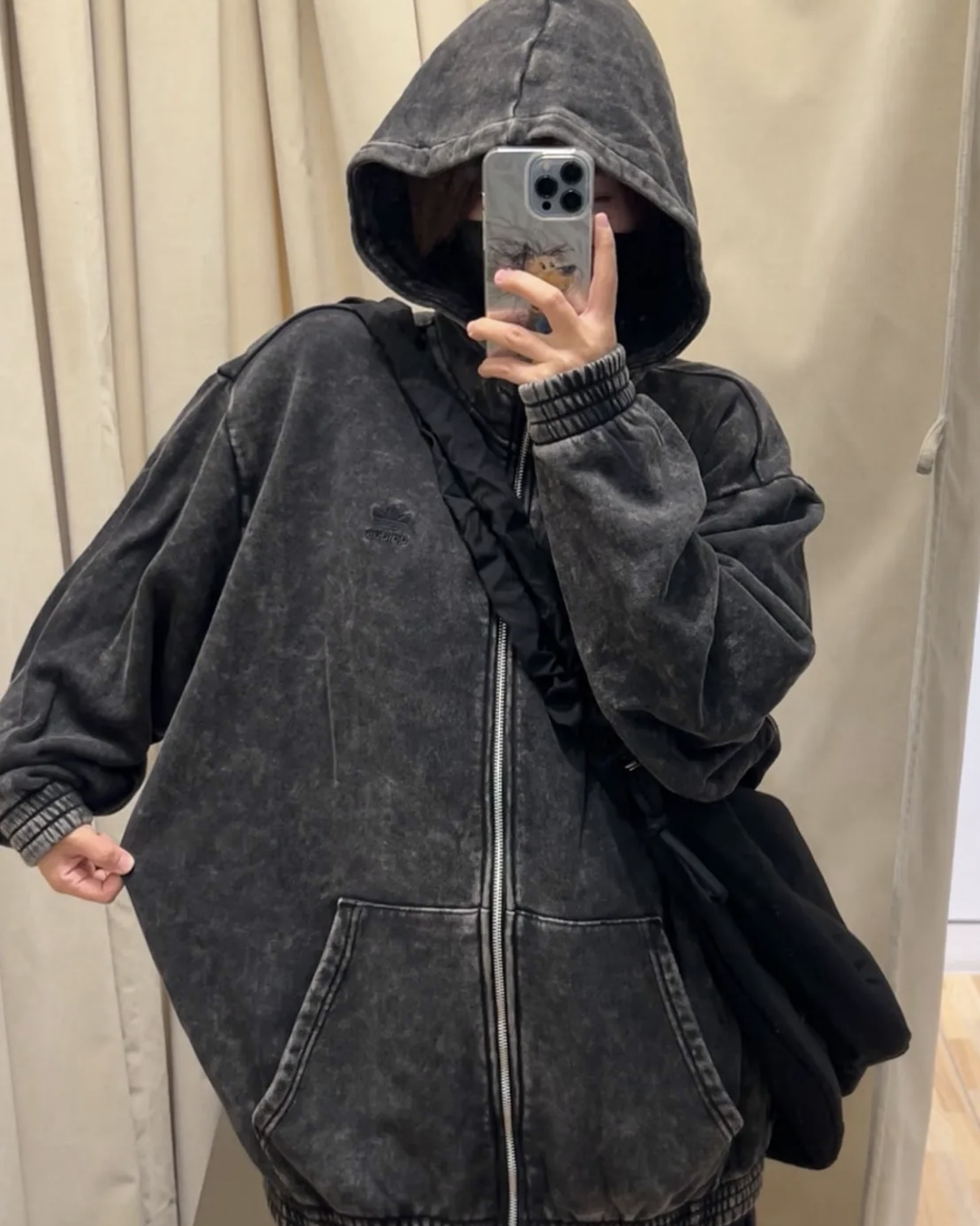 ADIDAS WASHED 水洗黑 黑灰 寬鬆 連帽外套 復古 做舊