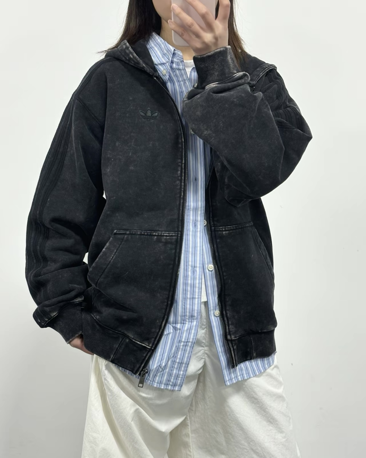 ADIDAS WASHED 水洗黑 黑灰 寬鬆 連帽外套 復古 做舊