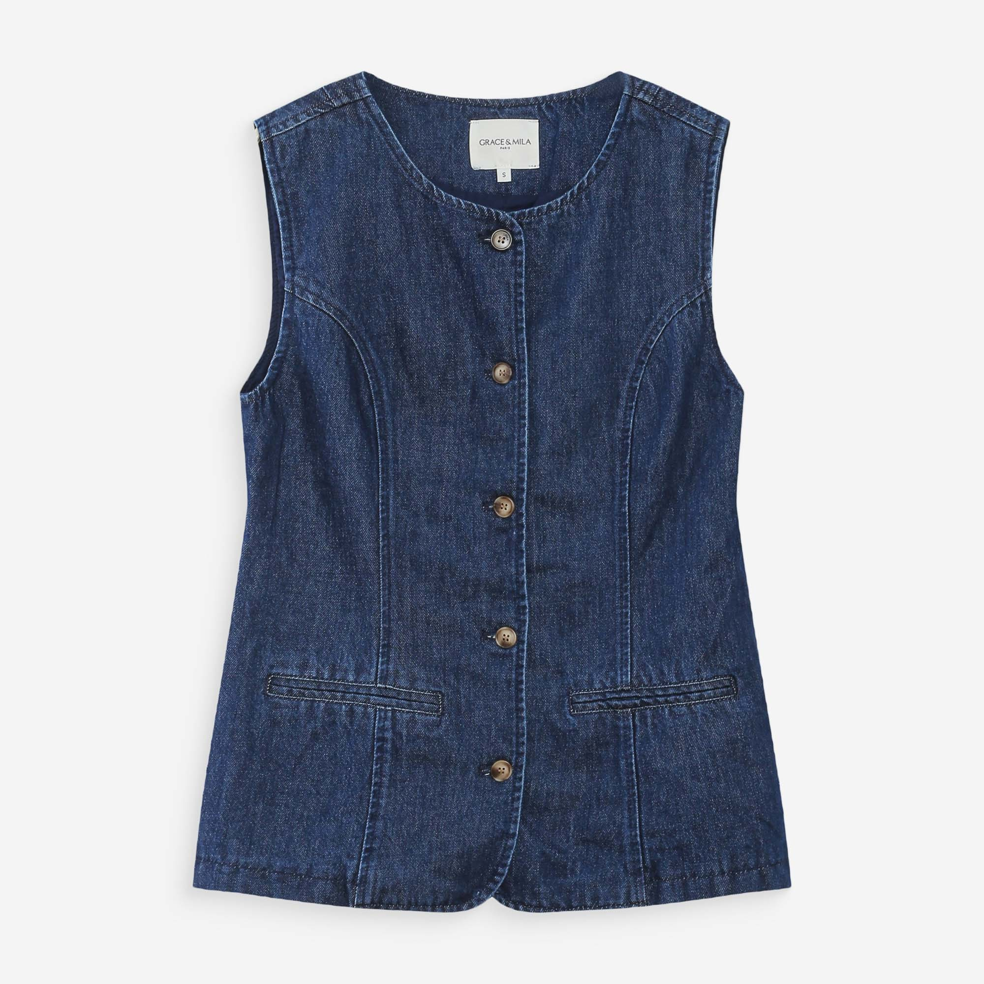 1GM0329-039 [GRACE & MILA] Fitted Denim Jacket in Mediumblue Vallon #SS2617071 (C-EU-E)