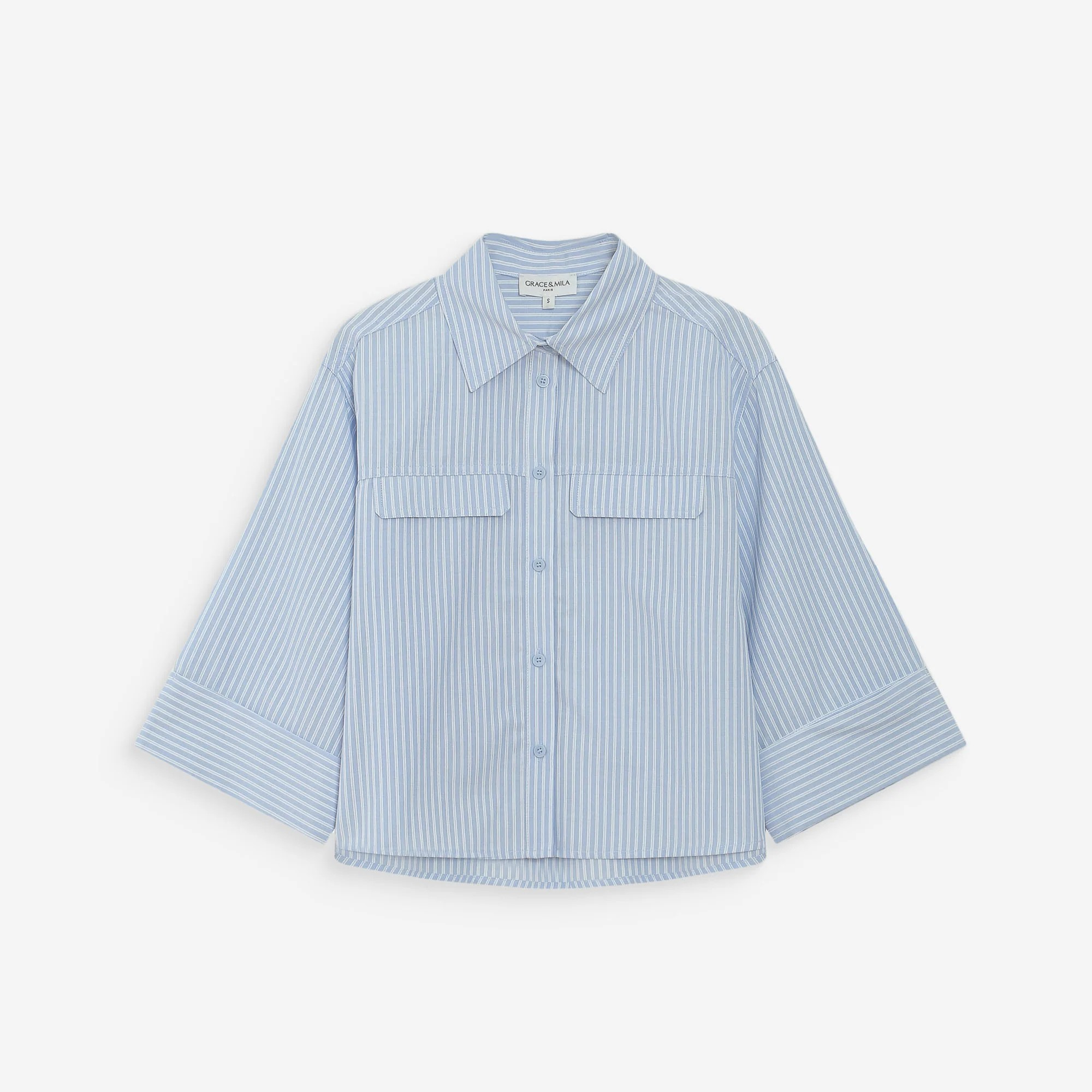 1GM0329-044 [GRACE & MILA] Short Striped Shirt Ciel Voice Sky Blue #SS2617082 (C-EU-E)