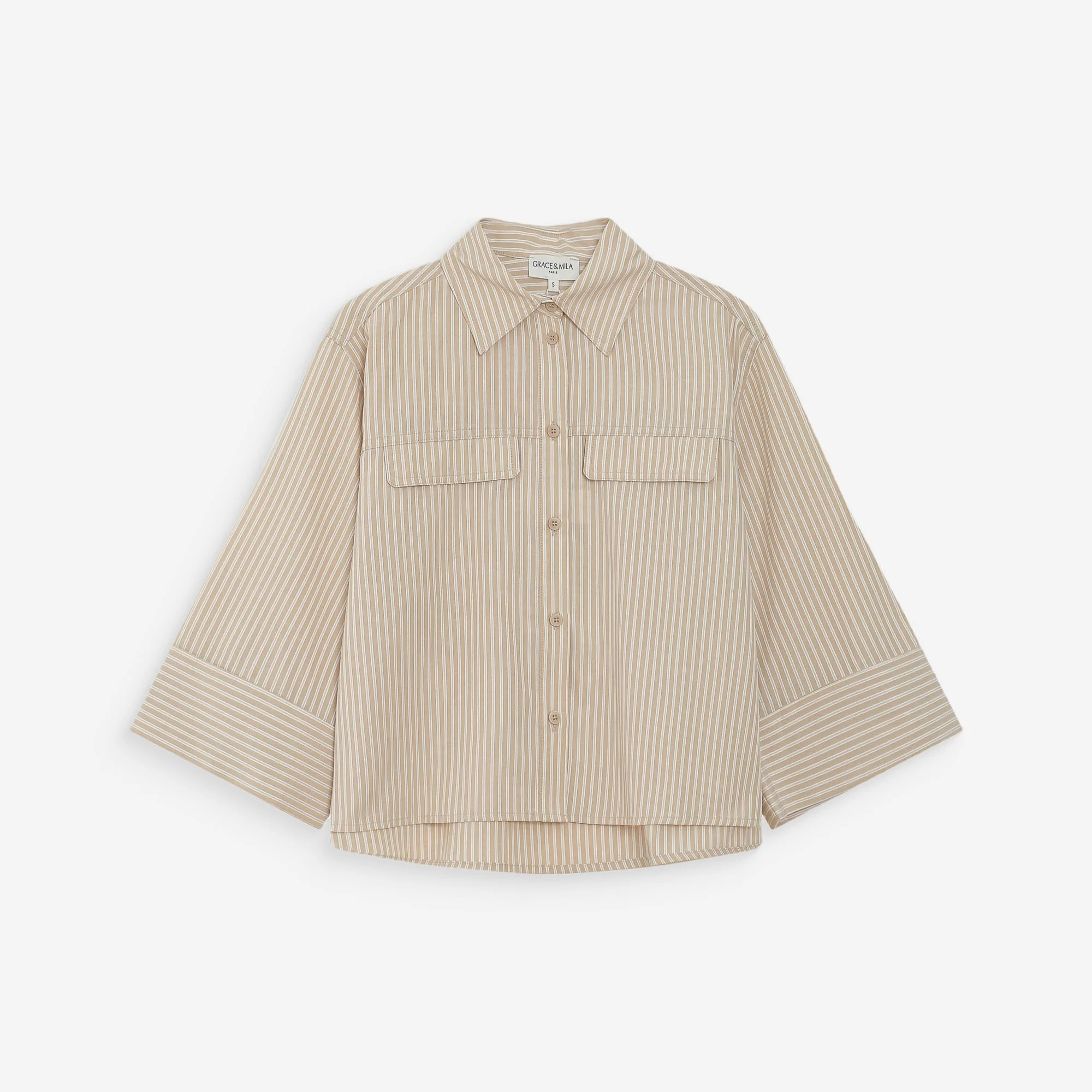 1GM0329-045 [GRACE & MILA] Short Striped Shirt Sable Voice Sand #SS2617082 (C-EU-E)