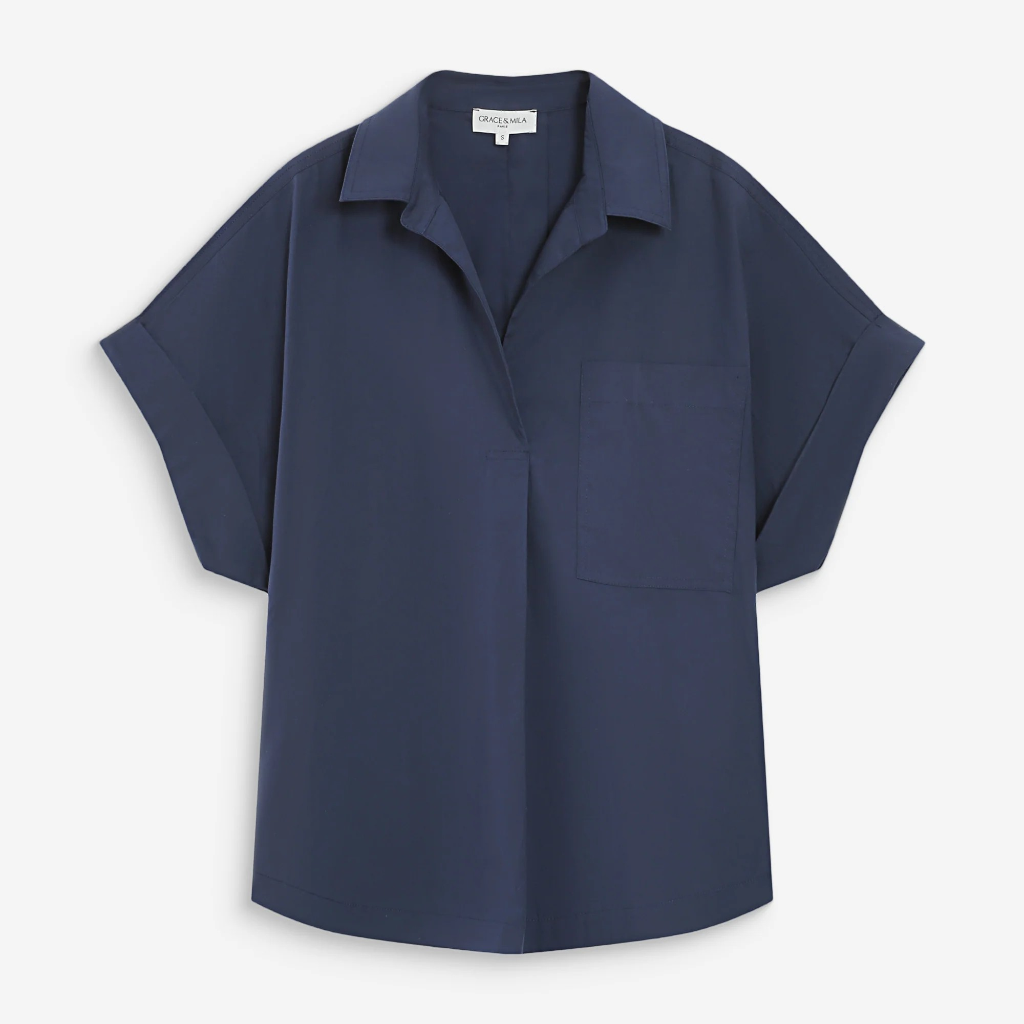 1GM0329-052 [GRACE & MILA] Loose Cotton Blouse Ivoire Versigny Navy #SS2617102 (C-EU-E)