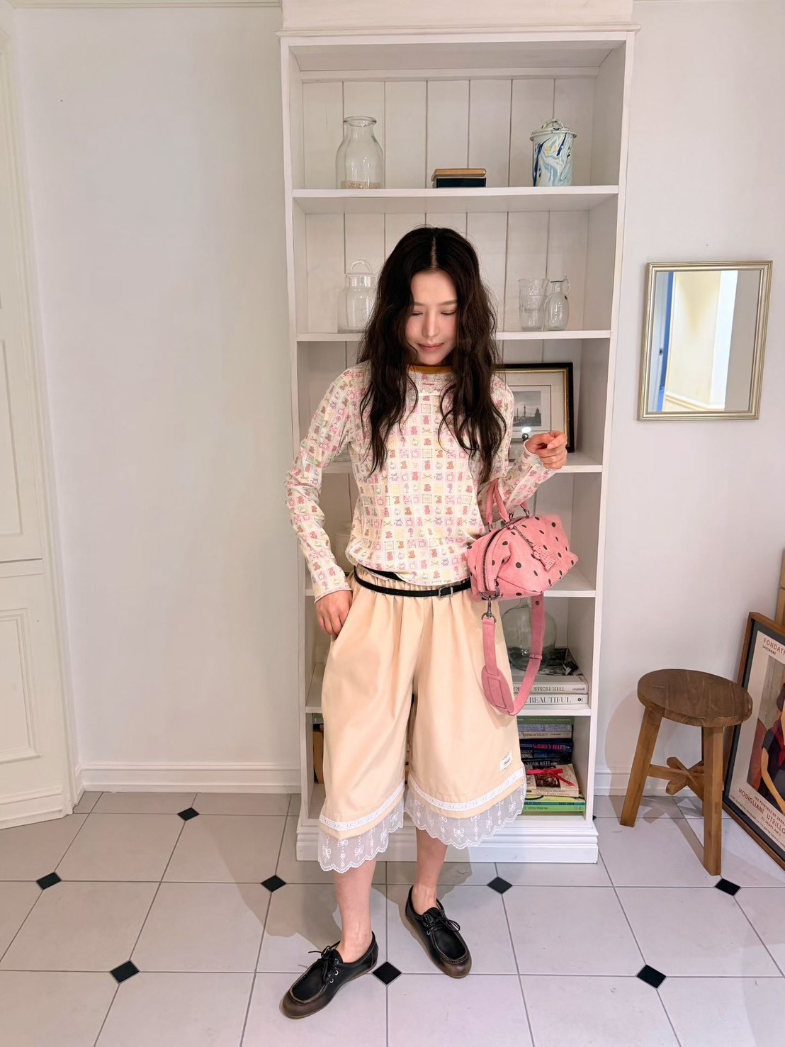 七分蕾絲寬休閒褲