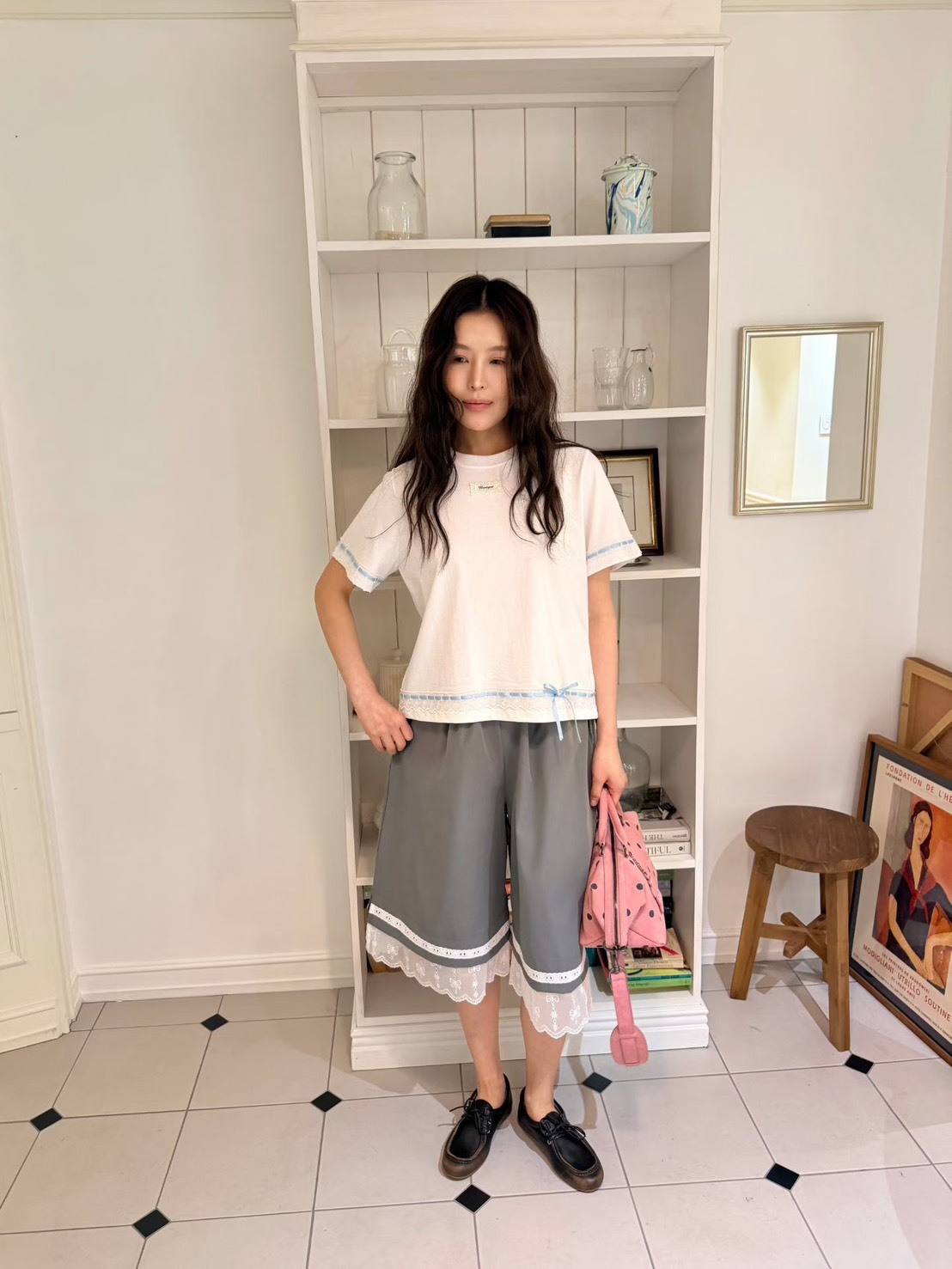 七分蕾絲寬休閒褲