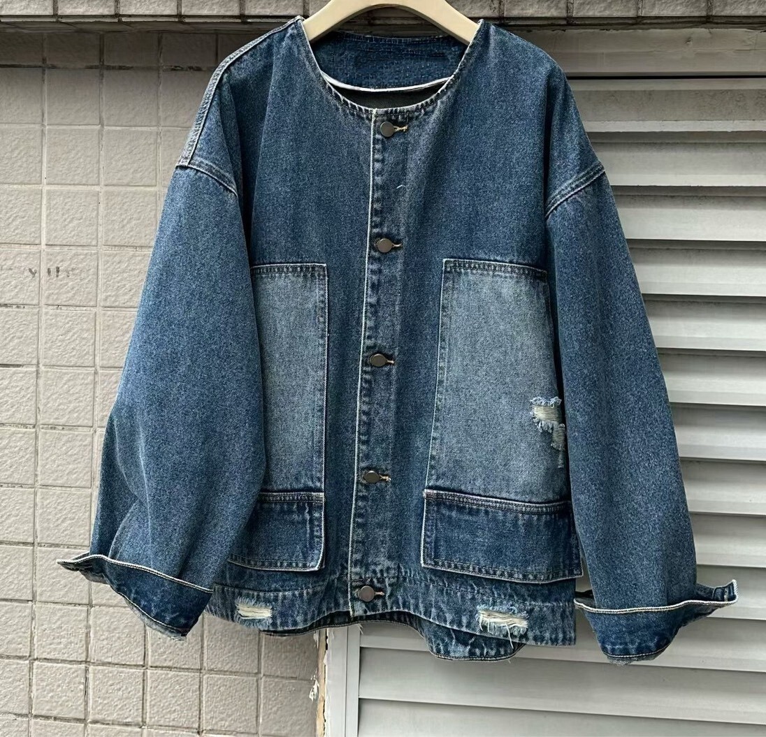 060316 小眾設計款! 拼接水洗丹寧外套 - 藍