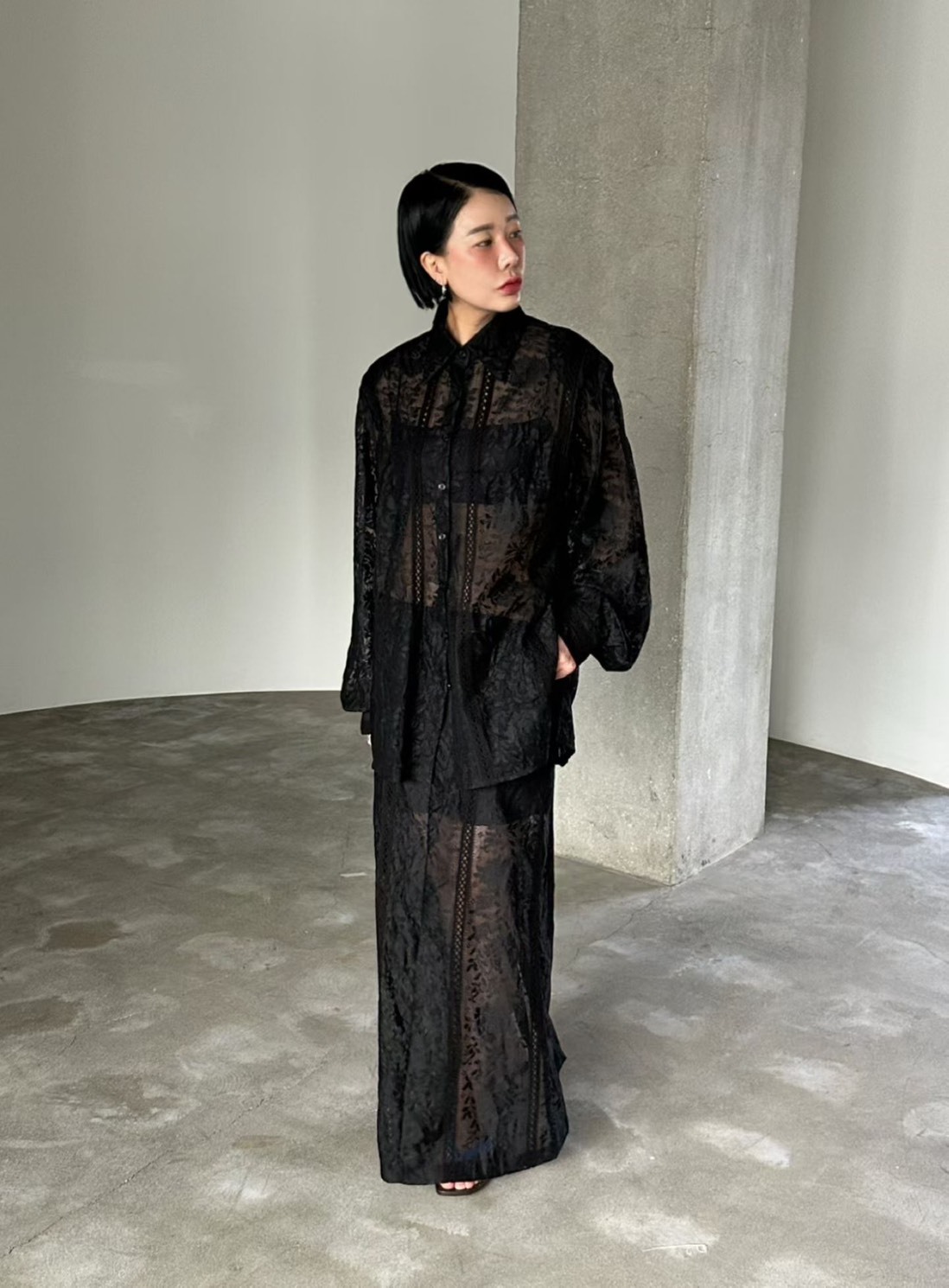 玫瑰花蕾絲墊肩休閒襯衫 長裙(分售)