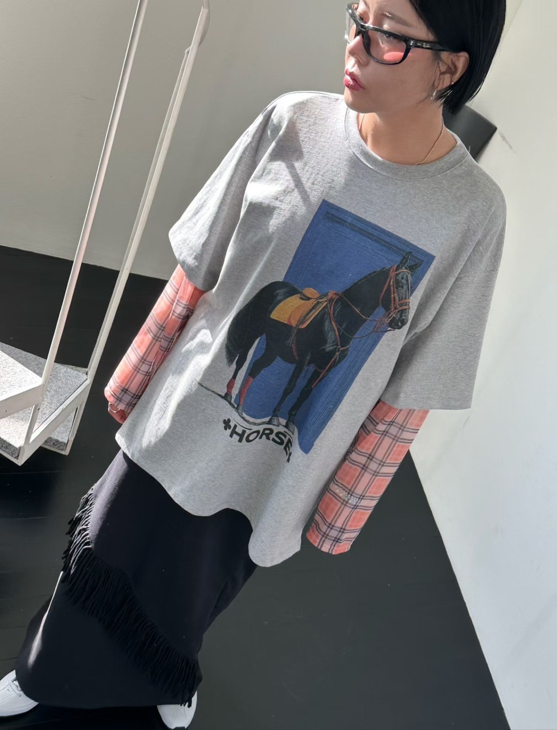 駿馬拚格子袖長版T