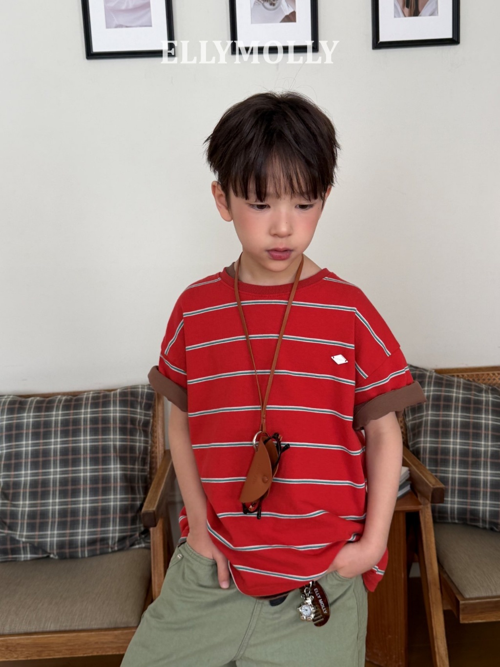 正韓春EllyMolly 三色銀標條紋上衣