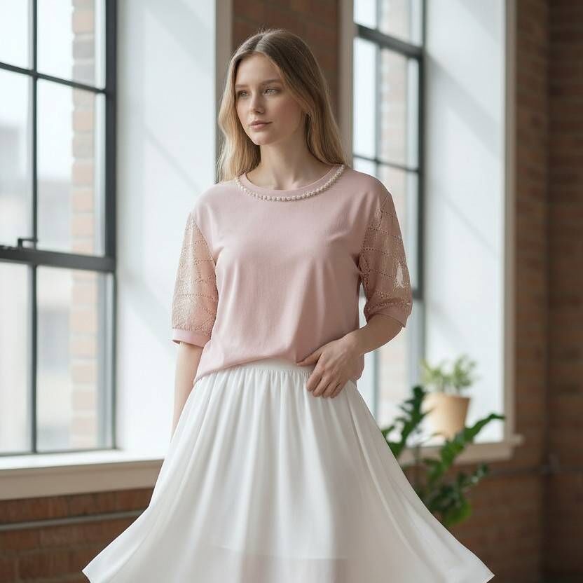 A8043-領釘珠蕾絲袖棉質上衣