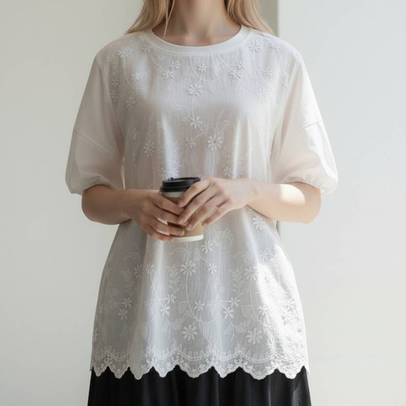 A8135-袖口鬆緊立體繡花上衣