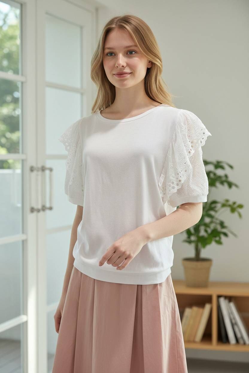 A8033-袖拼蕾絲滾邊素色棉衣