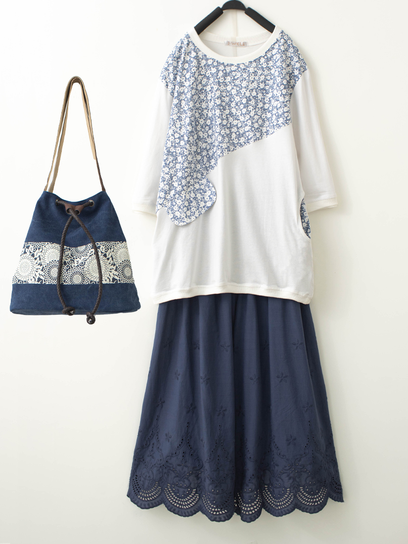 棉布碎花剪接上衣繡花純棉柔軟寬褲組合