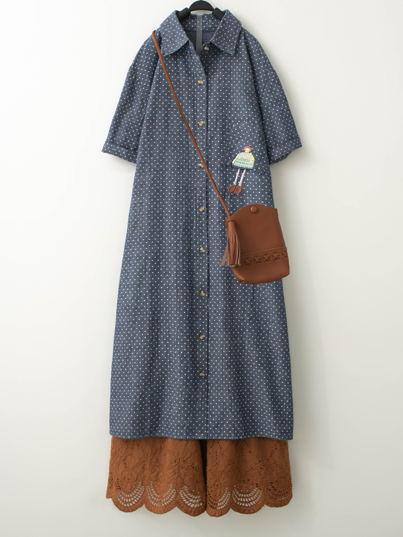 點點印花繡花長版牛仔襯衫繡花寬褲組合