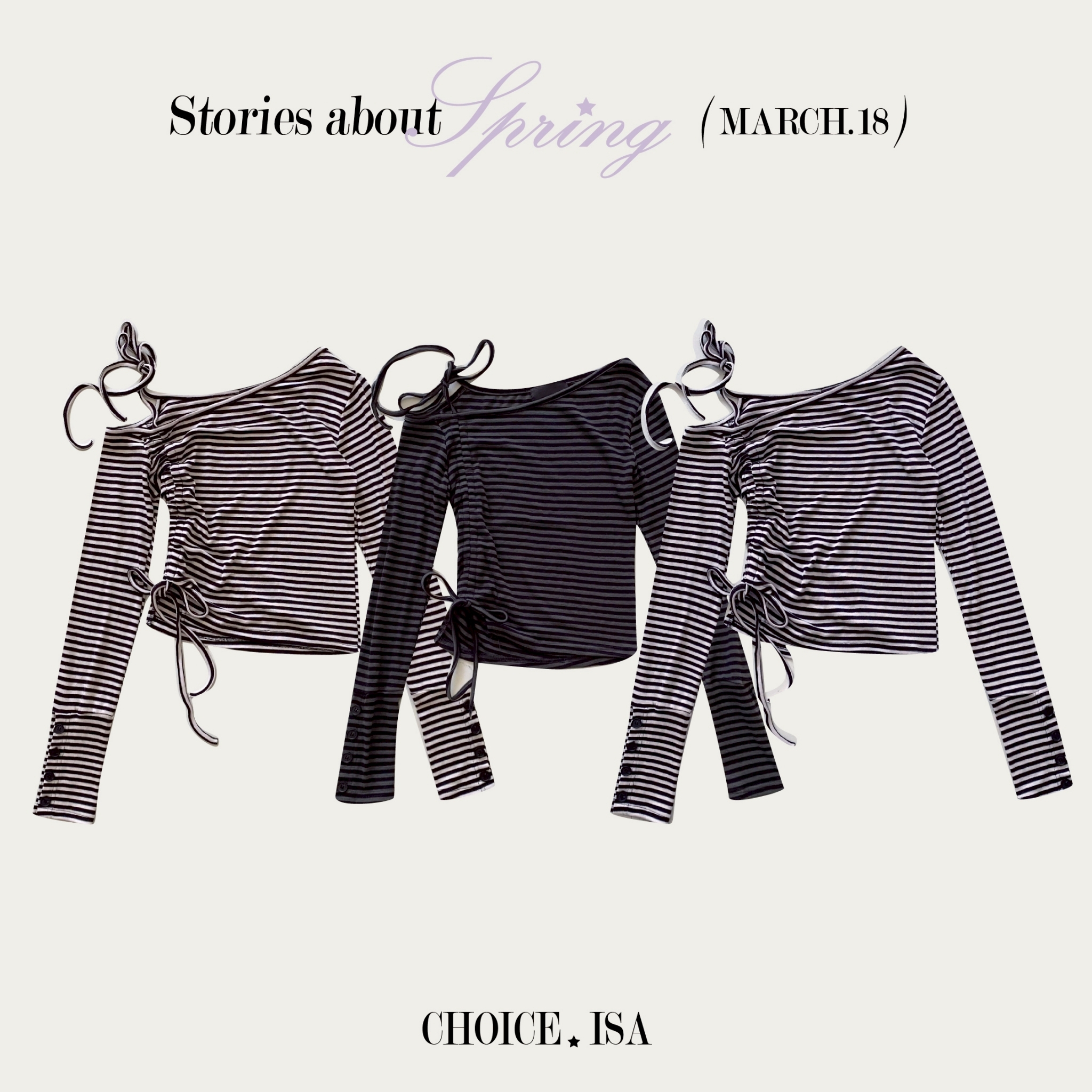 ISA_條紋寶貝 不規則擺側抽皺斜肩綁帶上衣_62008