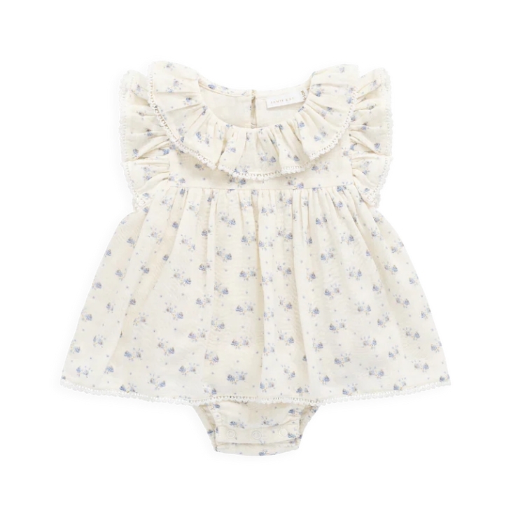 （預購）JAMIEKAY 小藍花蕾絲拼接荷葉領包屁衣 Organic Cotton Muslin Frannie Playsuit - Molly Blue