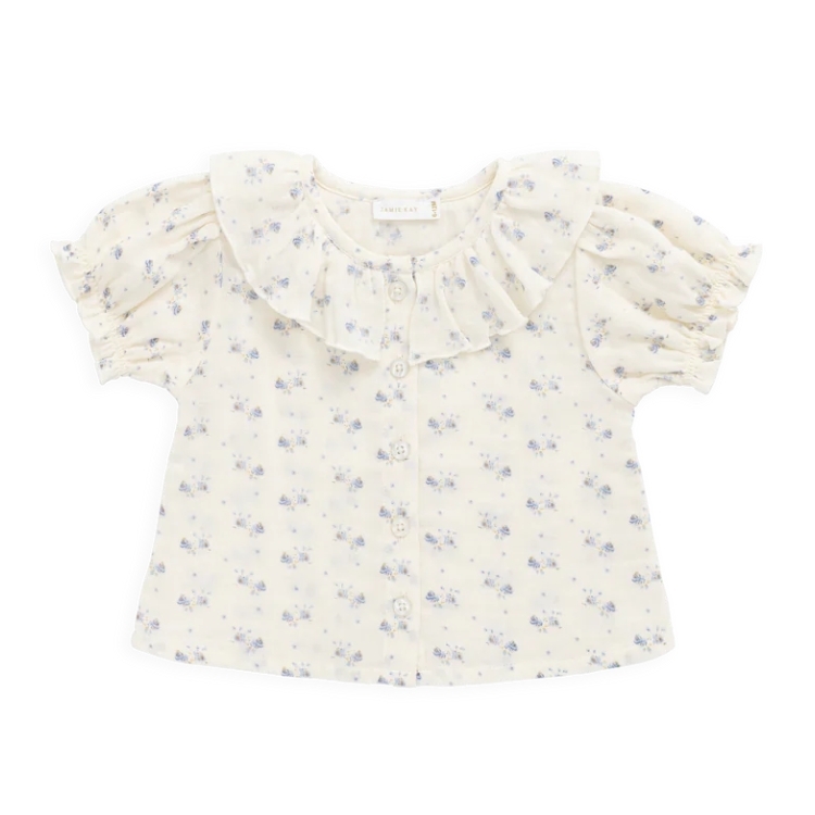 （預購）JAMIEKAY 小藍花荷葉領排釦短袖上衣 Organic Cotton Muslin Alora Top - Molly Blue