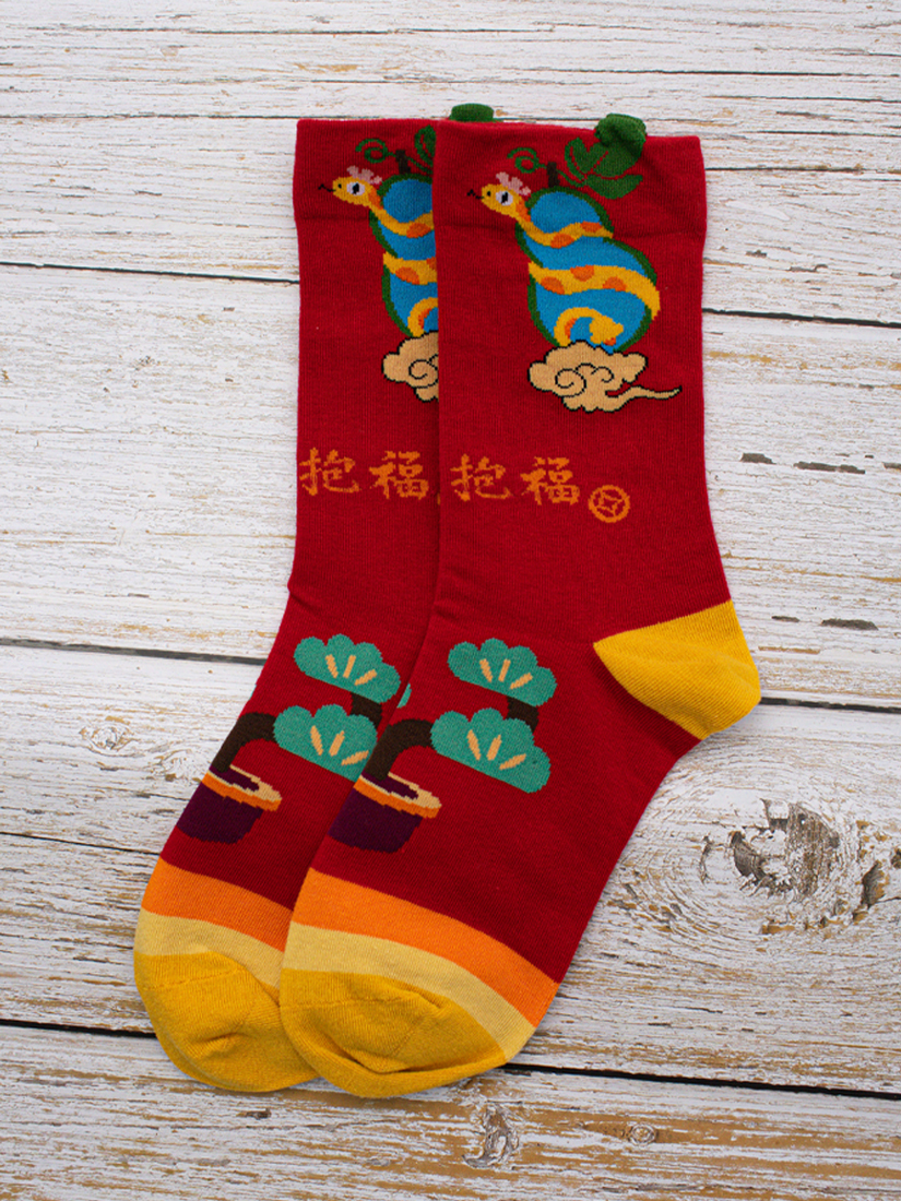 金蛇抱福鴻(紅)運中筒襪