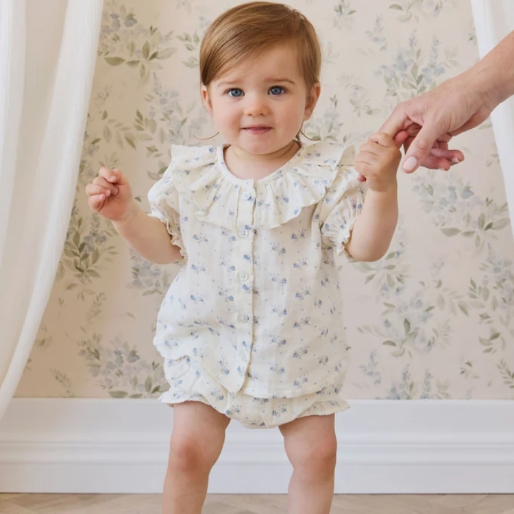 （預購）JAMIEKAY 小藍花蝴蝶結荷葉邊燈籠褲 Organic Cotton Muslin Frill Bloomer - Molly Blue