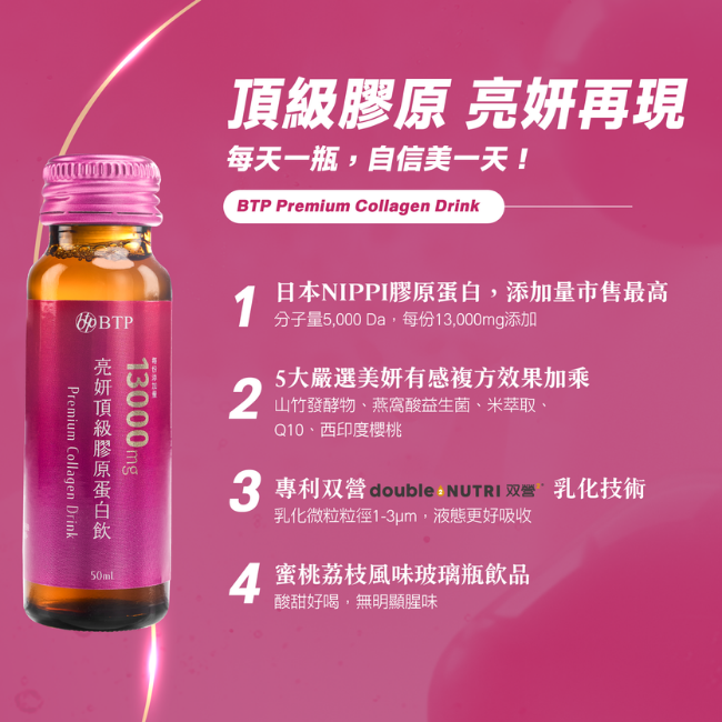 頂級膠原,亮妍再現,每天一瓶,自信美一天,日本NIPPI膠原蛋白,添加量市售最高,分子量5000Da,每份13,000mg添加,5大嚴選美妍有感複方效果加乘,山竹發酵物,燕窩酸益生菌,米萃取,Q10,西印度櫻桃,蜜桃荔枝風味,酸甜好喝,無明顯腥味