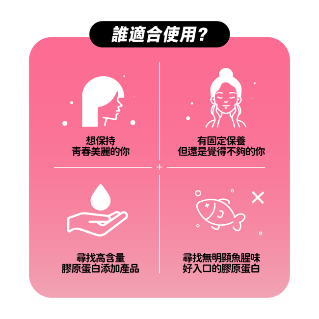 誰適合使用,想保持青春美麗的你,有固定保養但還是覺得不夠的你,尋找高含量膠原蛋白添加產品,尋找無明顯魚腥味,好入口的膠原蛋白