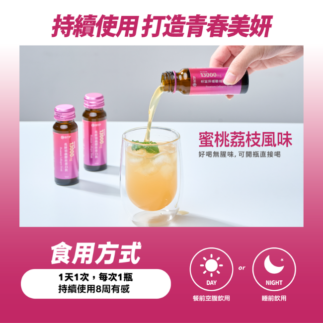 持續使用,打造青春美妍,蜜桃荔枝風味,好喝無腥味,可開瓶直接喝,食用方式,1天1次,每次1瓶,持續使用8周有感,餐前空腹飲用或睡前飲用