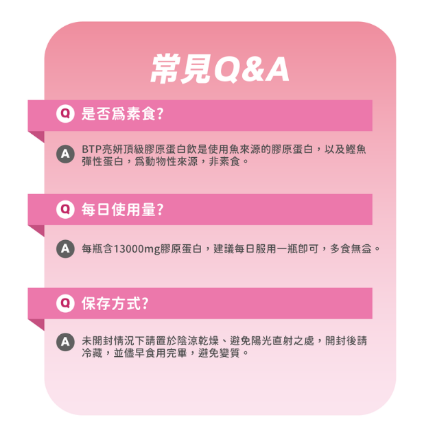 常見Q&A,是否為素食,BTP亮妍頂級膠原蛋白飲是使用魚來源的膠原蛋白,以及鰹魚彈性蛋白,為動物性來源,非素食,每日使用量,每瓶含13000mg膠原蛋白,建議每日服用一瓶即可,多食無益,保存方式,請置於陰涼乾燥,開封後請冷藏,並儘早食用完畢,避免變質