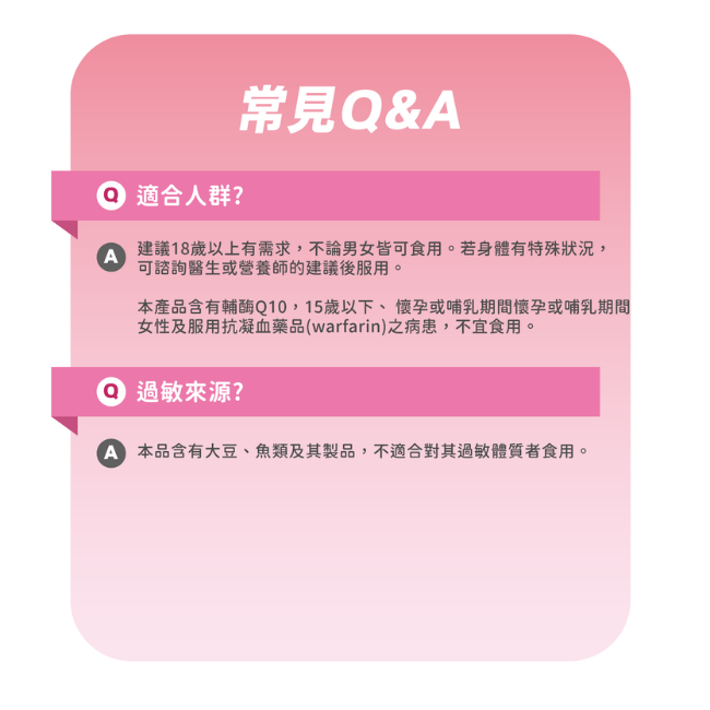 常見Q&A,適合人群,建議18歲以上有需求,男女皆可食用,若身體有特殊狀況,可諮詢醫生或營養師的建議後服用,本產品含有輔酶Q10,15歲以下,懷孕或哺乳期間女性及服用抗凝血藥品之病患,不宜食用,本品含有大豆,魚類及其製品,對此過敏體質者不適合食用