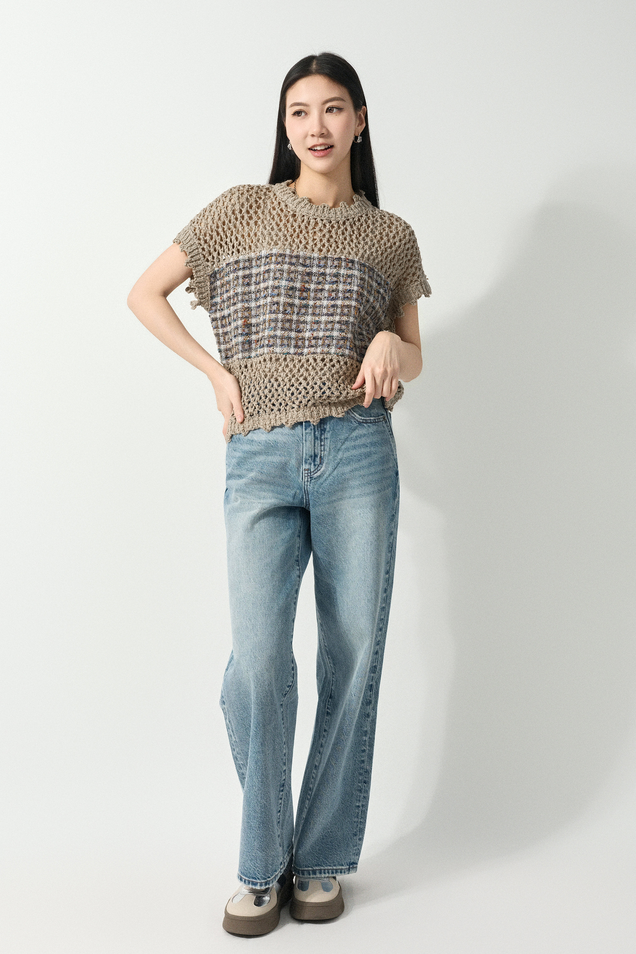 通花針織拼薄tweed上衣（預購產品）