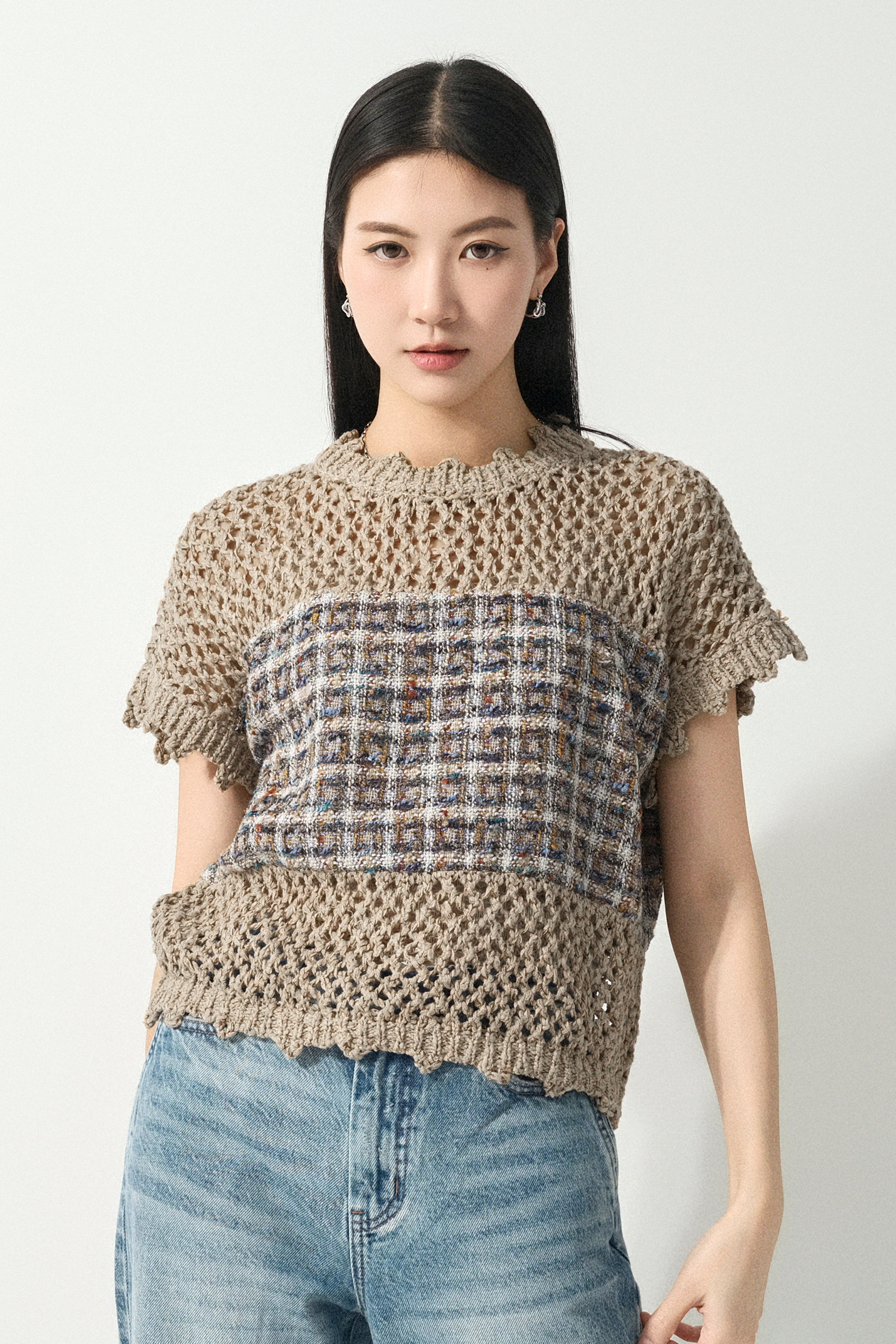 通花針織拼薄tweed上衣（預購產品）