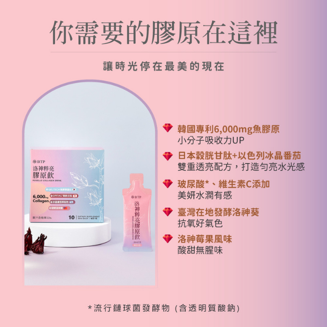 讓時光停在最美的現在,韓國專利6,000mg魚膠原,小分子吸收力UP,日本谷胱甘肽+以色列冰晶番茄,雙重透亮配方,打造勻亮水光感,添加玻尿酸、維生素C,美妍水潤有感,臺灣在地發酵洛神葵,抗氧好氣色,洛神莓果風味,酸甜無腥味,流行鏈球菌發酵物