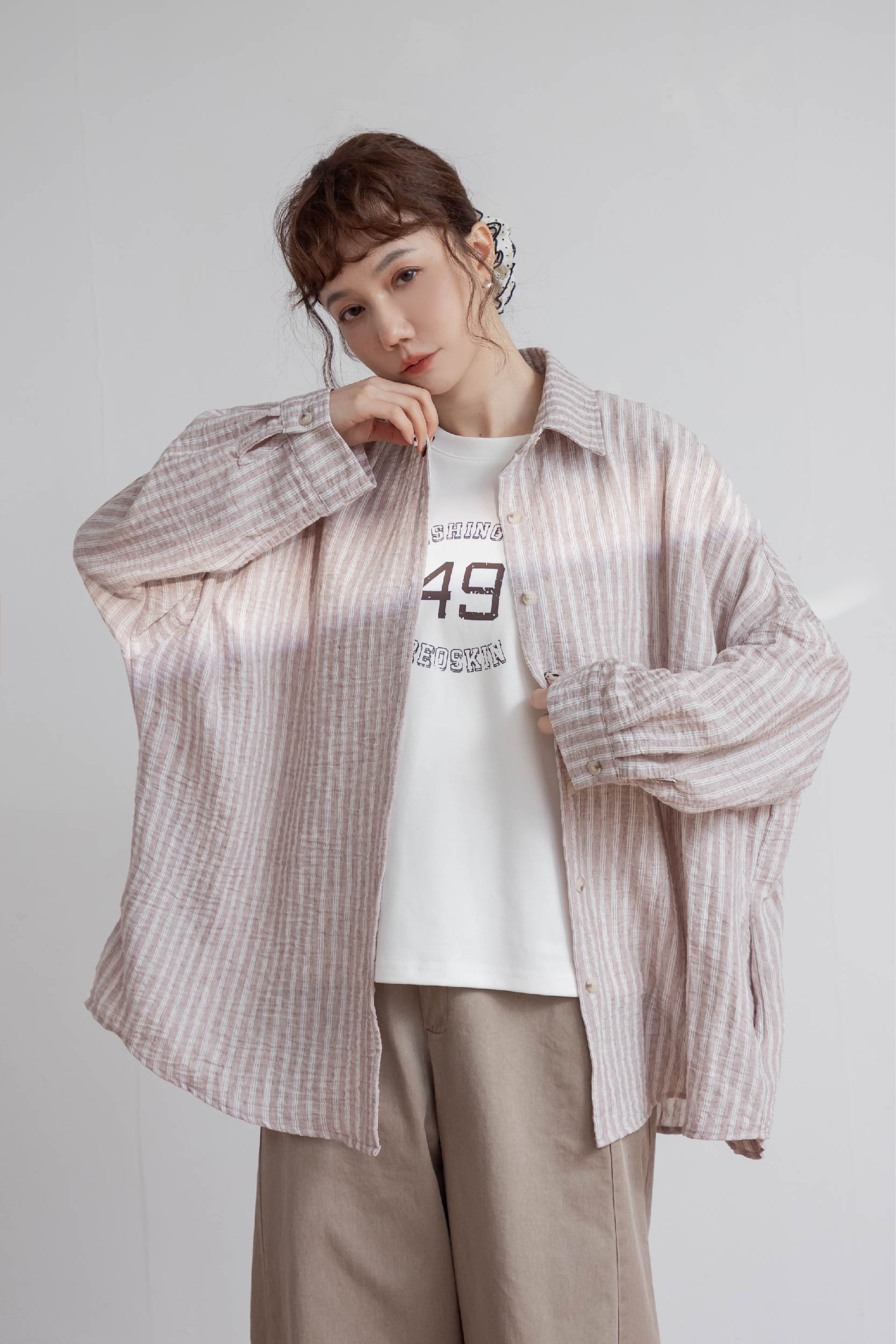 輕柔棉麻廓形條紋衫