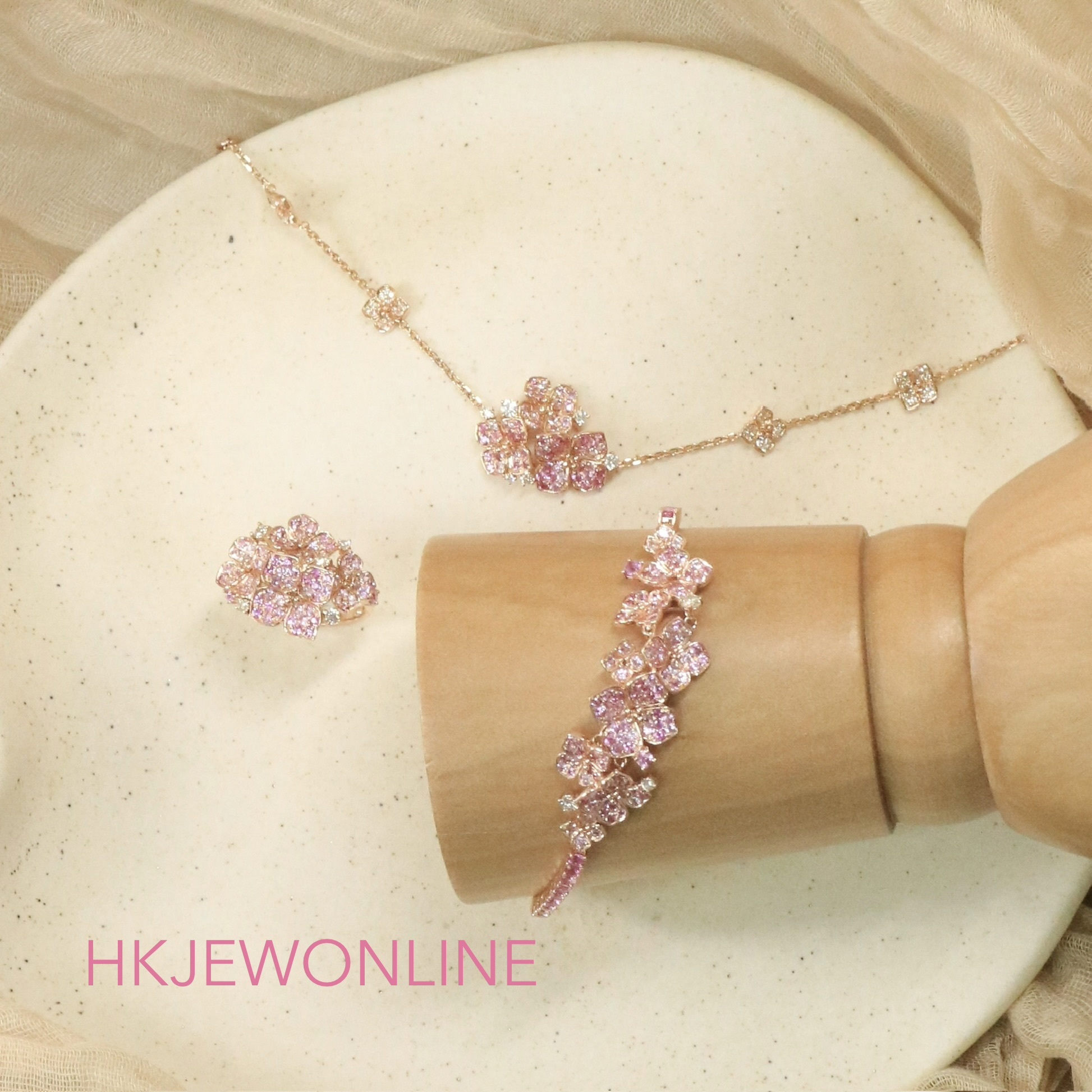 18K Rose Gold Pink Sapphire & Diamond Hydrangea Collection (Ring / Slim Bracelet / Bracelet)