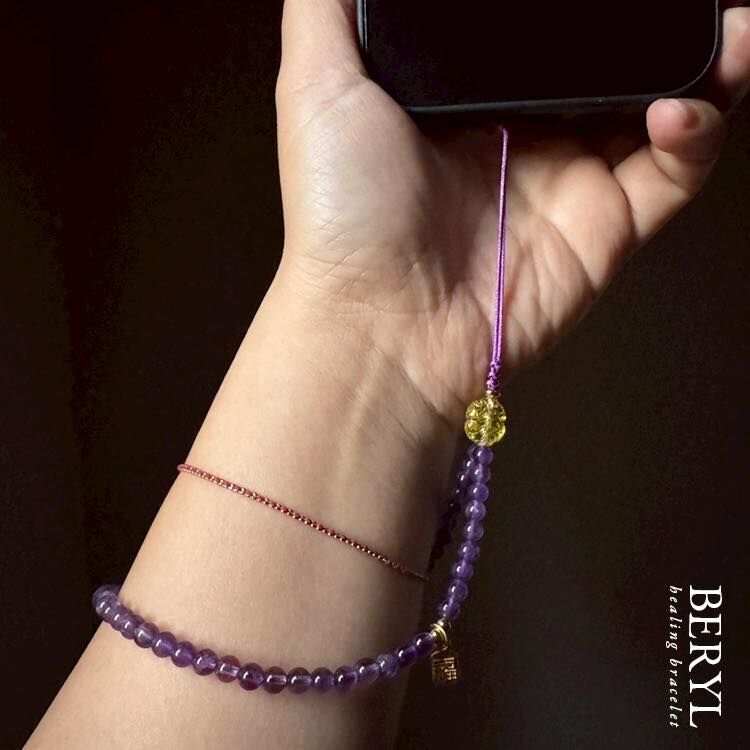 貴人紫水晶 × 有錢花金珀 × 富貴冰飄南紅｜水晶手機鍊