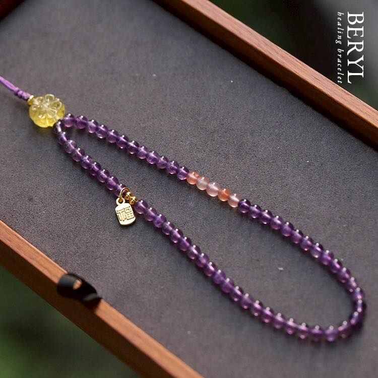 貴人紫水晶 × 有錢花金珀 × 富貴冰飄南紅｜水晶手機鍊