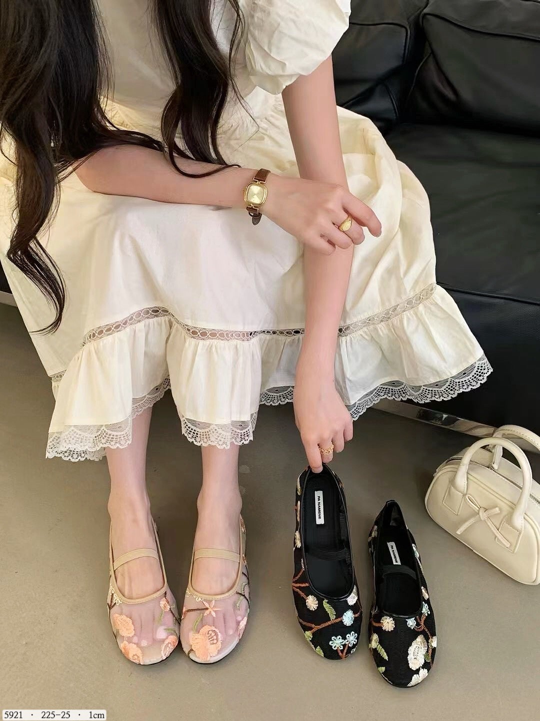 5921【韓國柔霧刺繡花紗透紗平底鞋】
