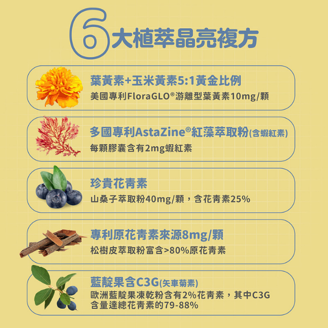 植萃晶亮複方,葉黃素,玉米黃素,5:1,黃金比例,美國專利,FloraGLO®,游離型,10mg,多國專利,Astazine,紅藻萃取粉,蝦紅素,AstaZine®,2mg,花青素,山桑子萃取粉,40mg,花青素,25%,專利原花青素,松樹皮萃取粉
