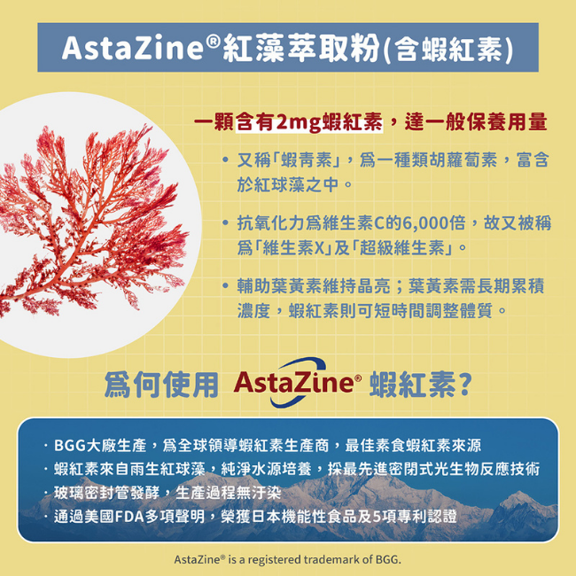 AstaZine®,紅藻萃取粉,蝦紅素,一顆含有2mg,達一般保養用量,蝦青素,類胡蘿蔔素,富含於紅球藻之中,抗氧化力為維生素C的6,000倍,維生素X,超級維生素,輔助葉黃素維持晶亮,可短時間調整體質,BGG大廠生產,為全球領導蝦紅素生產商