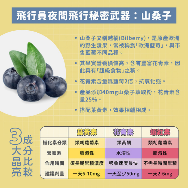 飛行員夜間飛行秘密武器,山桑子,又稱越橘,Bilberry,原產歐洲的野生漿果,常被稱為歐洲藍莓,與市售藍莓不同品種,其果實營養價值高,含有豐富花青素,超級食物,花青素含量爲藍莓2倍,抗氧化強,添加40mg,山桑子萃取粉,花青素含量,25%