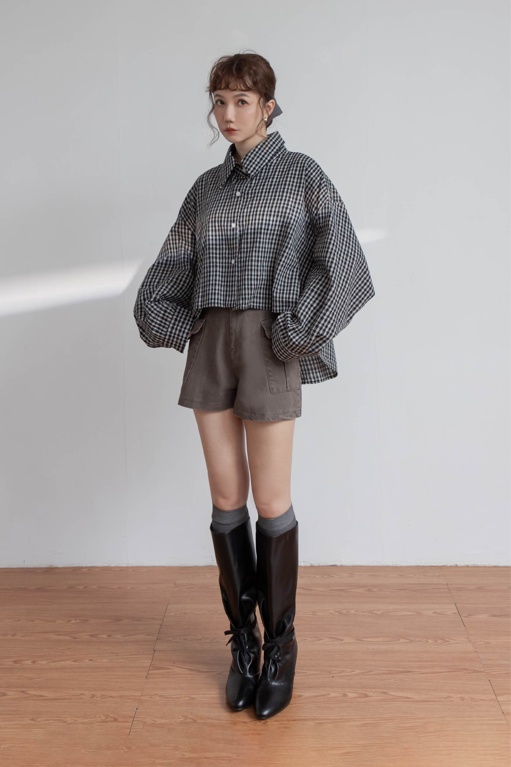 超落肩格紋廓形襯衫