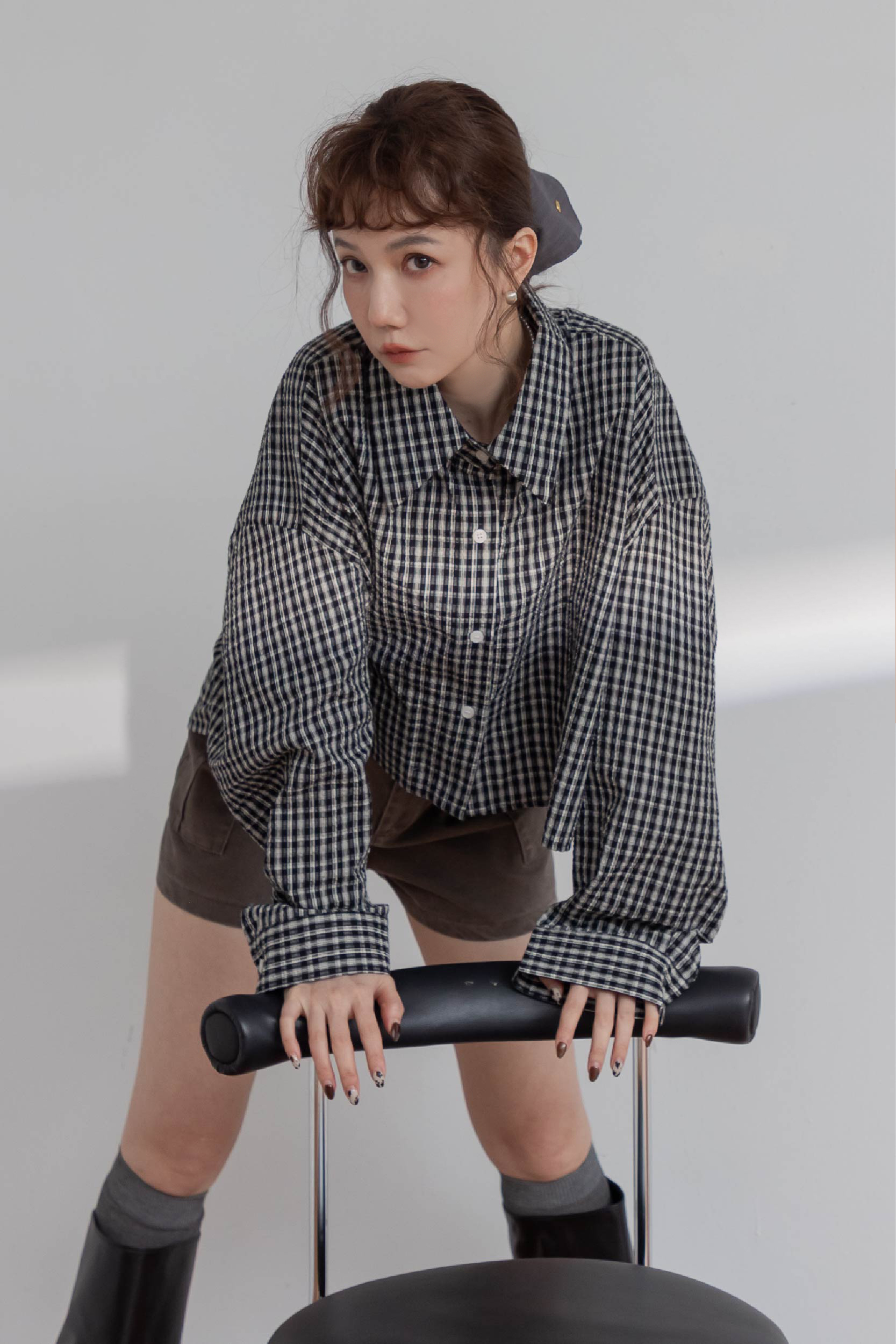 超落肩格紋廓形襯衫