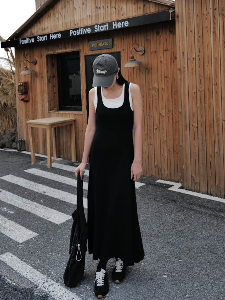 附胸墊假2件拼色棉質長洋裝*2色