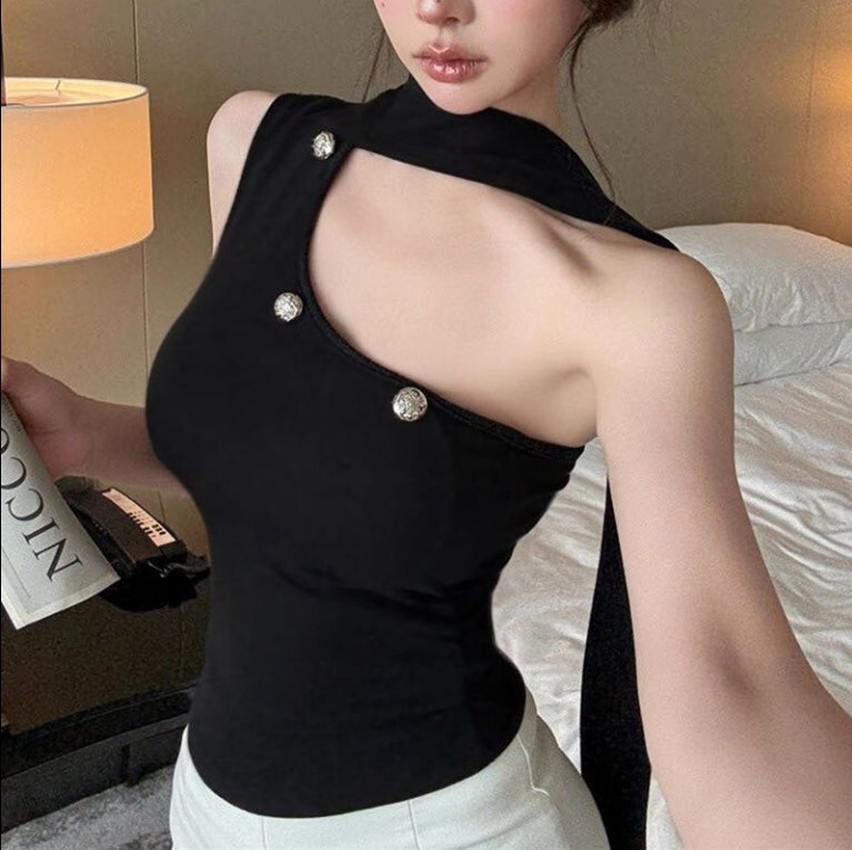 辣妹掛脖飄帶背心女新款修身顯瘦內搭設計感外穿帶胸墊