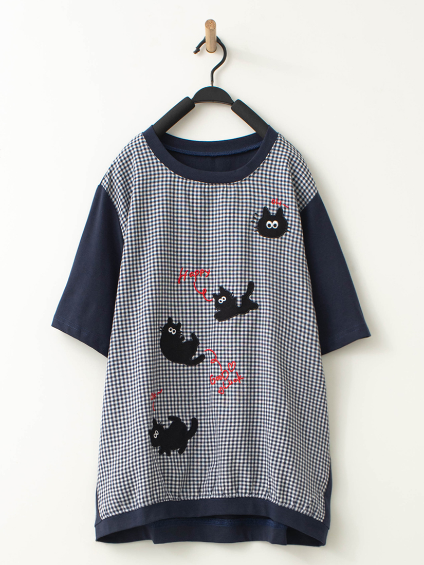 格紋拼接短袖上衣蛋糕薄棉牛仔長裙組合