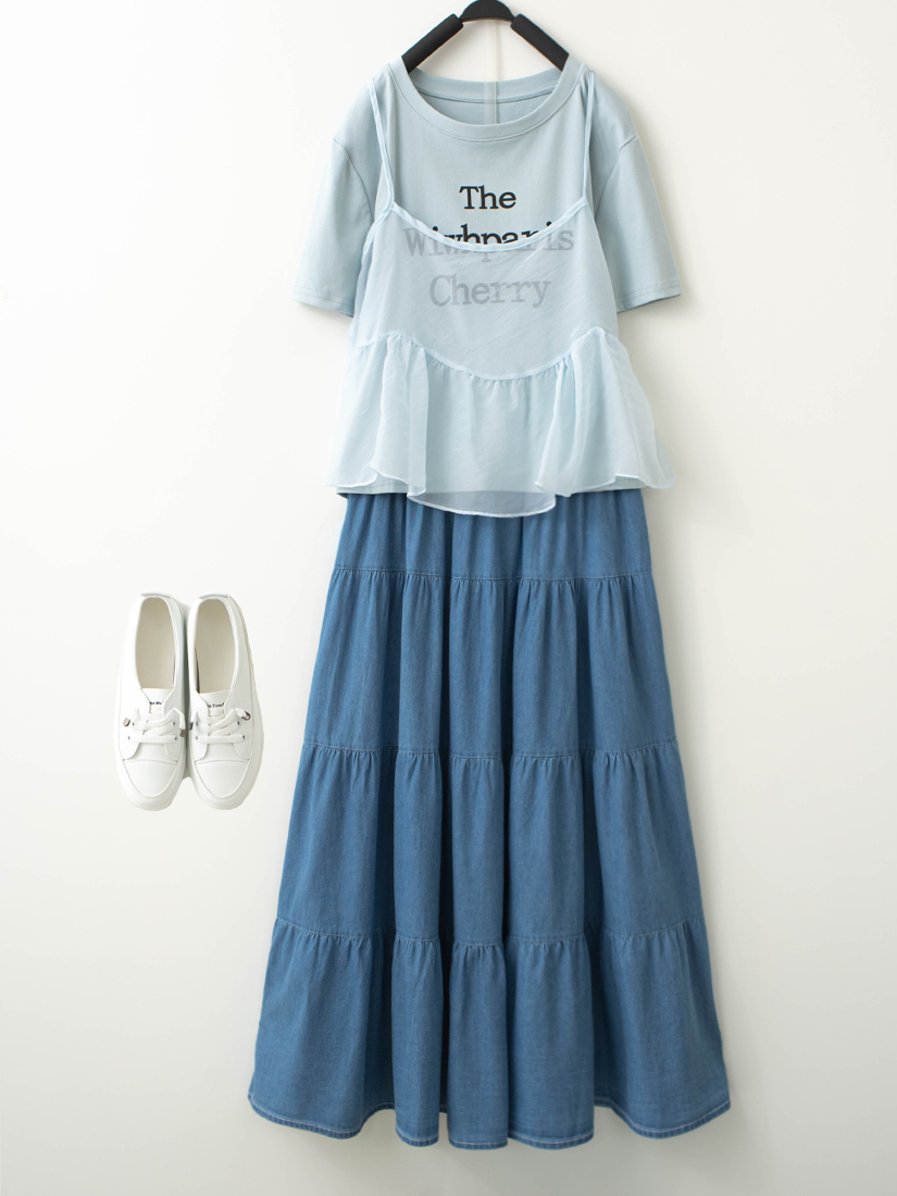 透紗背心兩件式上衣蛋糕薄棉牛仔長裙組合