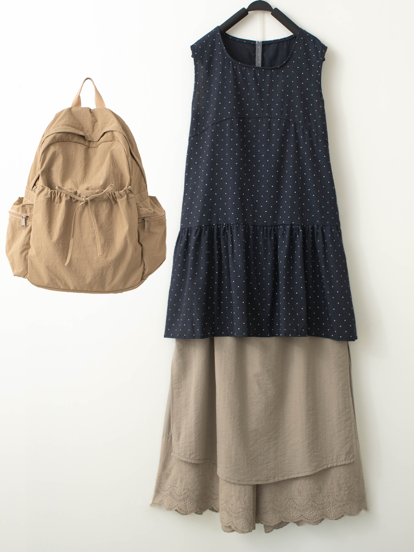 圓點印花剪接下擺無袖上衣花棉麻褲裙組合