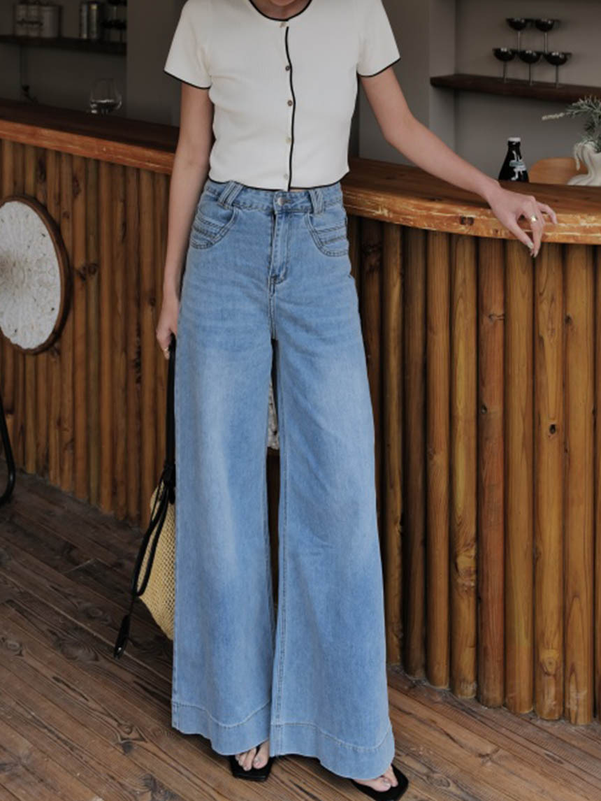 九分彈力牛仔直筒寬褲-藍