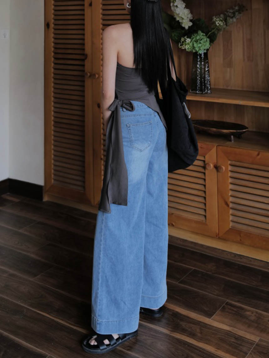 九分彈力牛仔直筒寬褲-藍