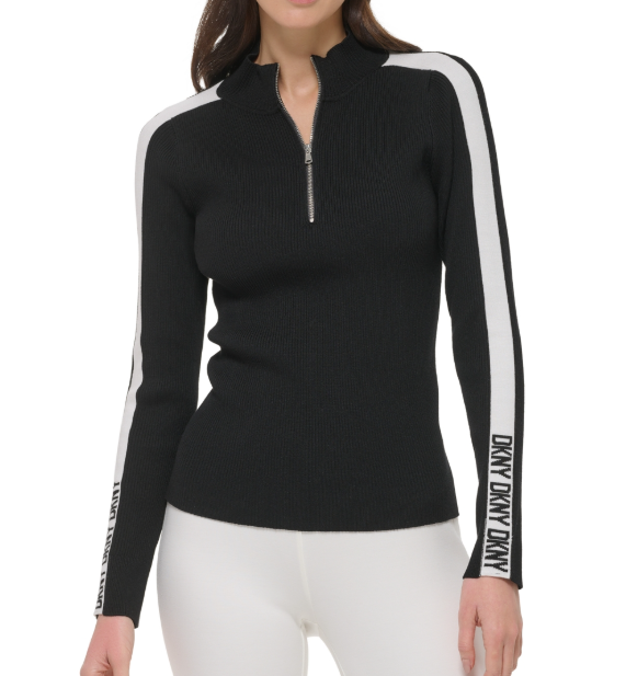 [S] DKNY BLK/IVORY WOMEN HALF ZIP LOGO TAPE SWEATER, P4MSAQ72-BLI [FINAL SALE] (SD1297)