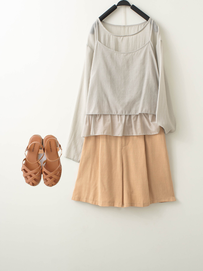 透膚荷葉綁帶兩件式上衣棉麻五分短褲組合